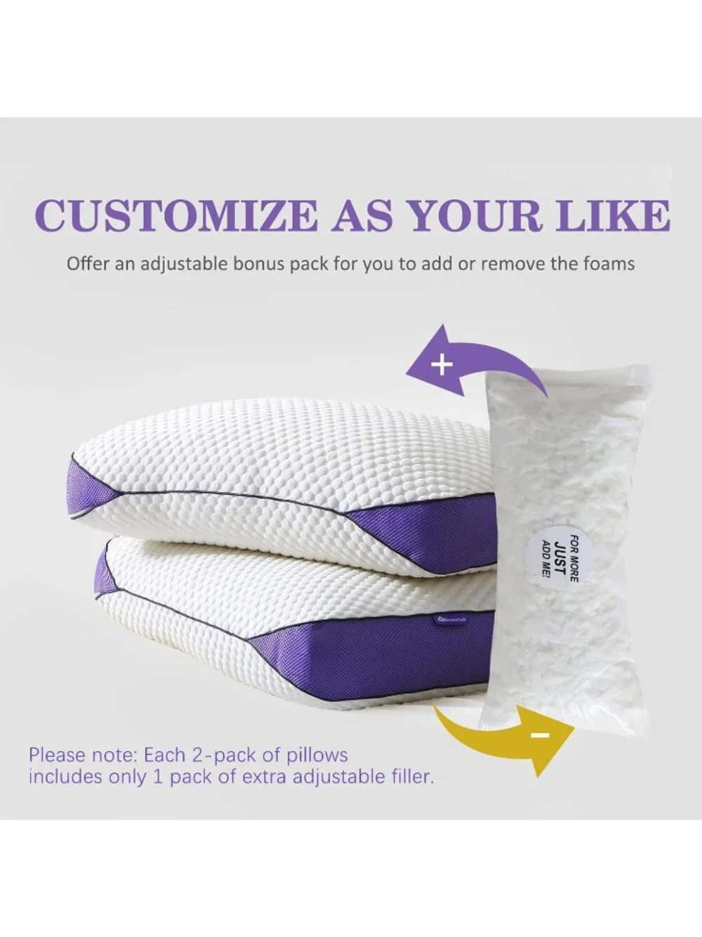 〽️Adjustable Shredded Memory Foam Pillows Queen Size 2 Pack Cooling Bed Pillows